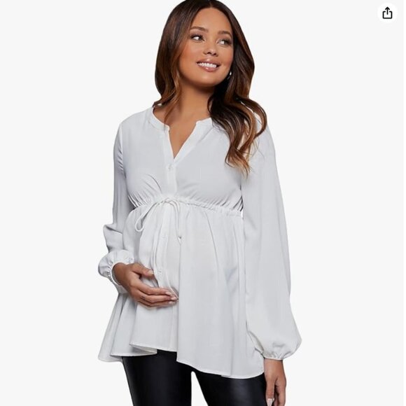 Maternity Shirt Long Sleeve Drawstring Waist Pregnancy Peplum Blouse Top - Picture 1 of 3